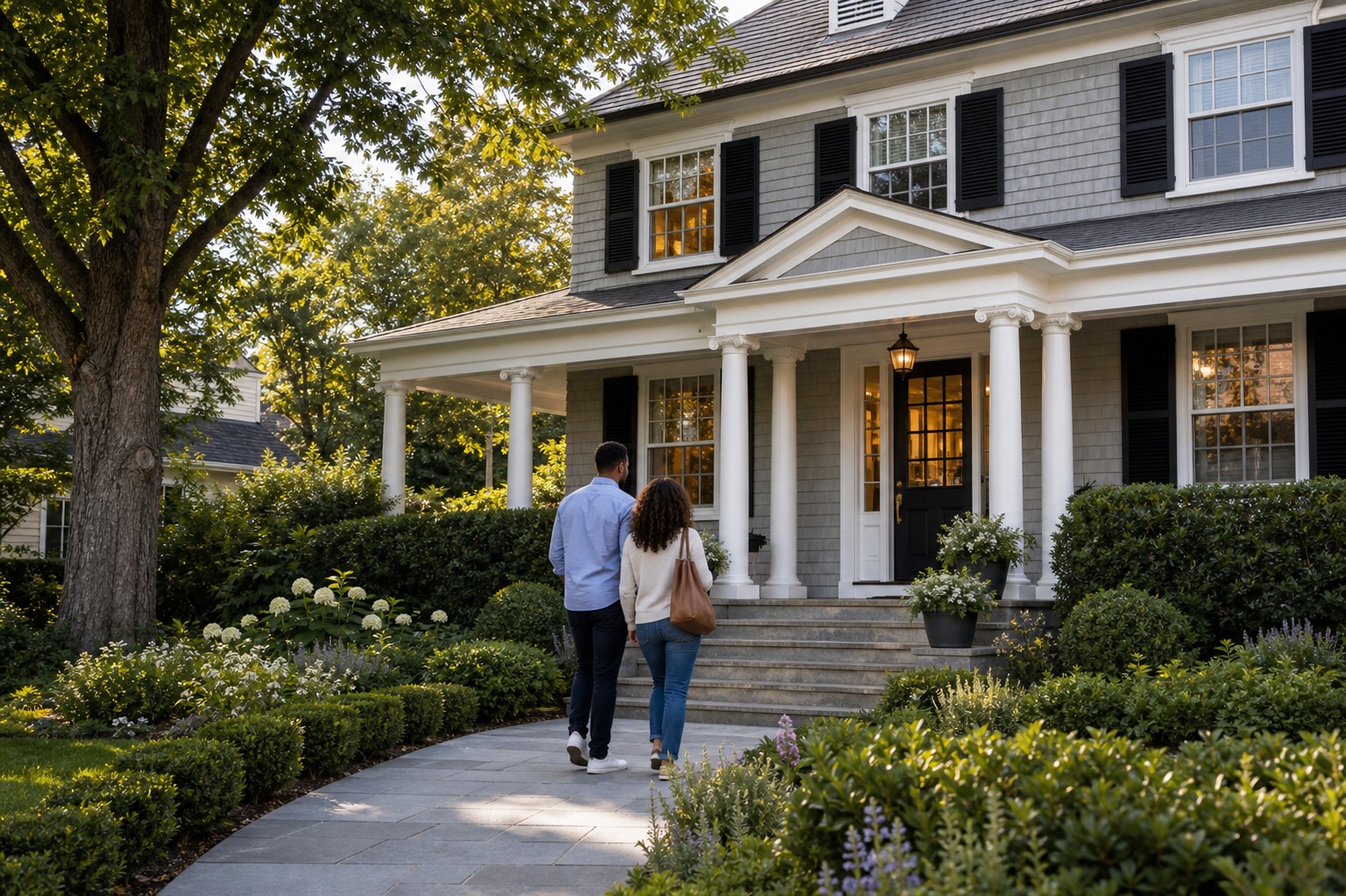 Welcoming Massachusetts home exterior with buyers approaching the front door