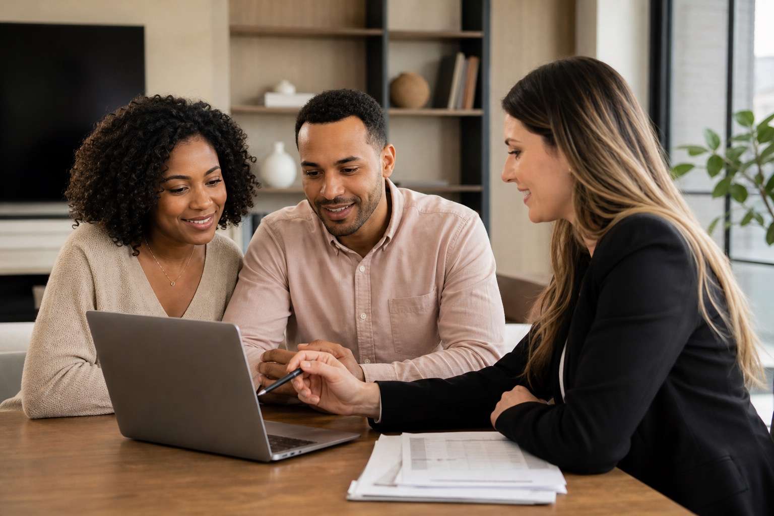 Diverse Massachusetts buyers reviewing financing details with a trusted advisor