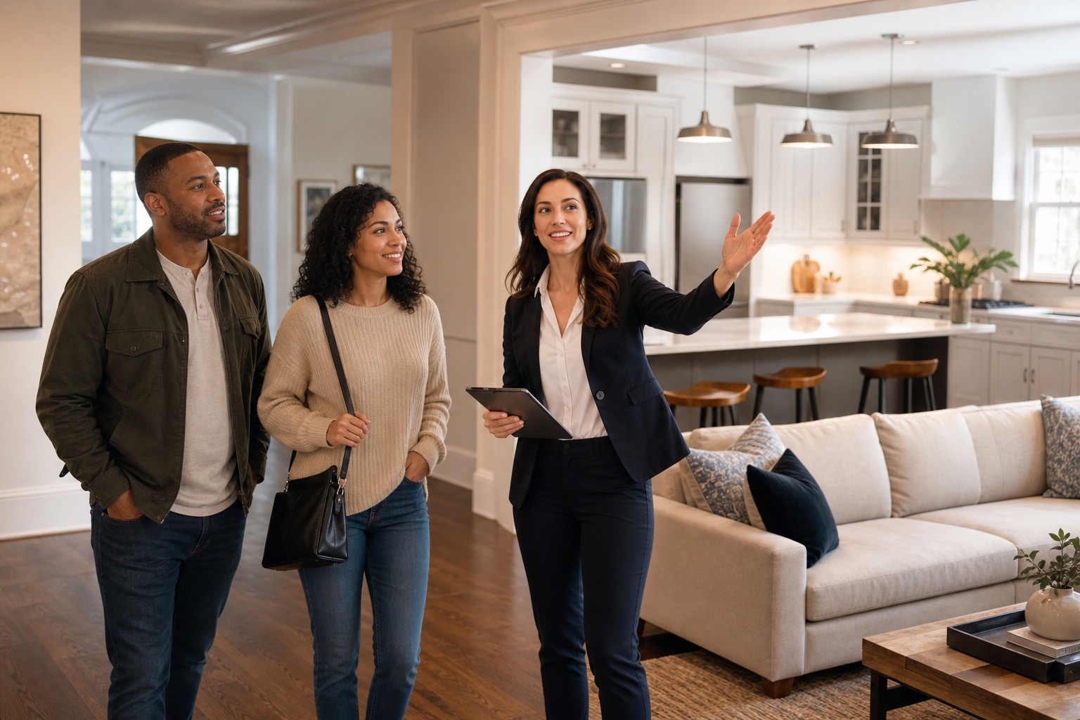Diverse Massachusetts buyers touring a polished home with a real estate advisor