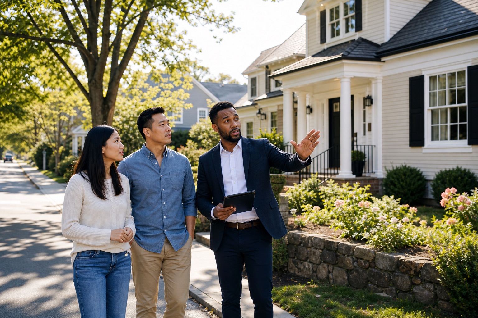 Massachusetts buyers evaluating a neighborhood and home exterior with an advisor