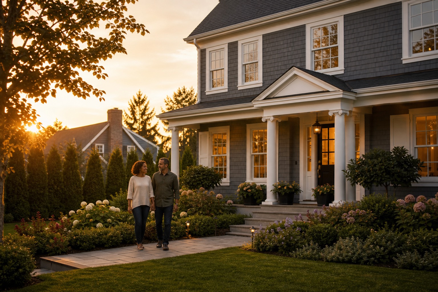 Beautiful Massachusetts home exterior at golden hour with subtle human presence