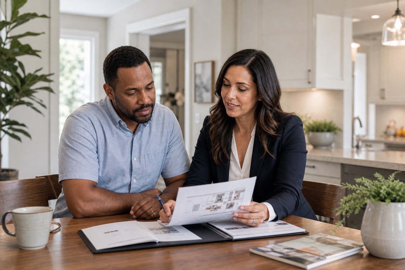 Diverse Massachusetts seller reviewing a home preparation plan with an agent
