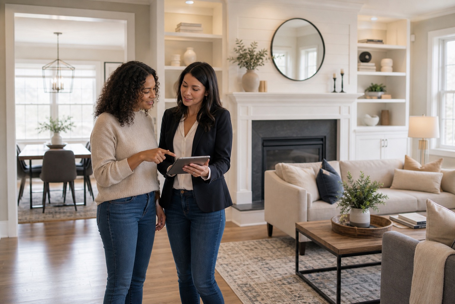 Staged Massachusetts home interior with a homeowner and advisor discussing updates before listing