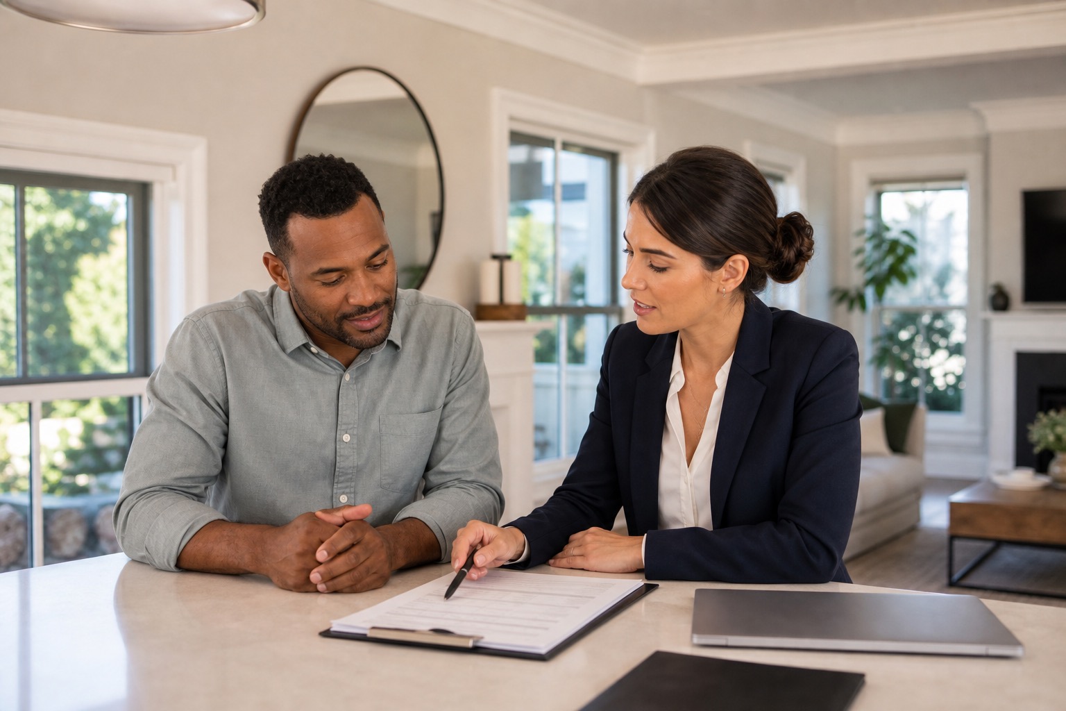 Massachusetts homeowner and agent reviewing a listing plan inside a bright home
