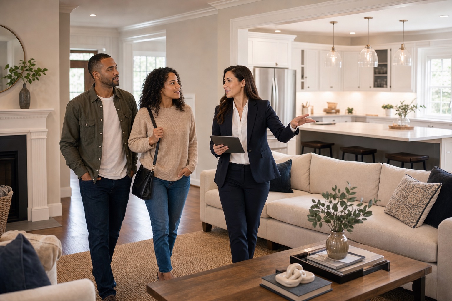 Diverse Massachusetts homeowners walking through a polished home with a real estate advisor