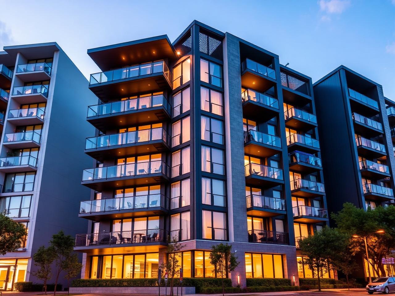 Modern apartment building at golden hour