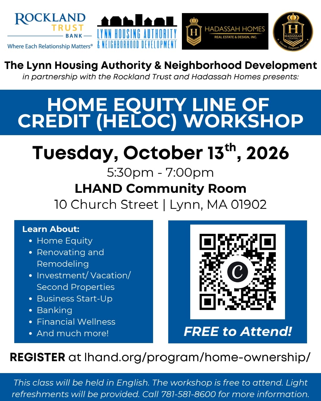 English flyer for the Home Equity Line of Credit Workshop on October 13, 2026 in Lynn, Massachusetts.