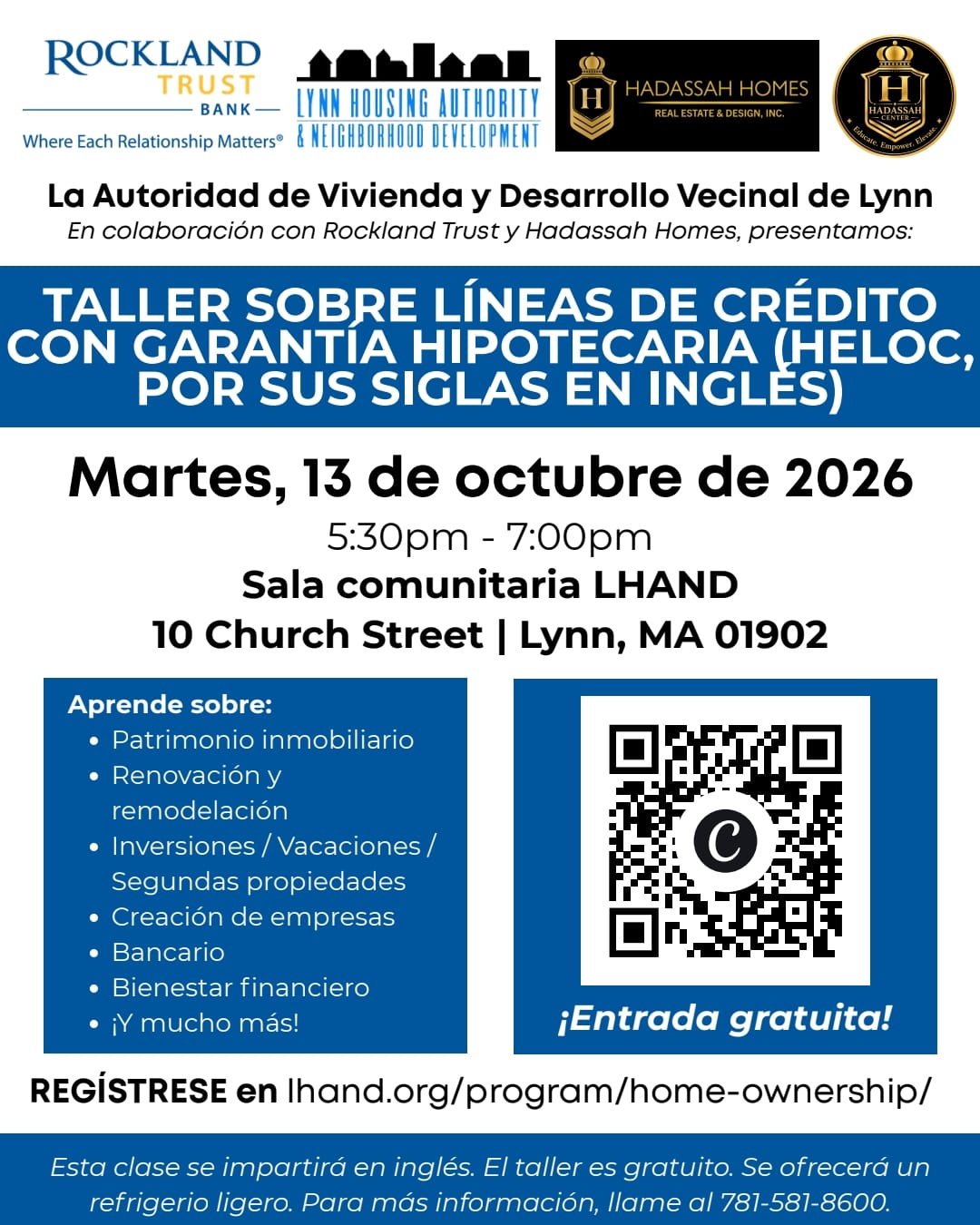 Spanish flyer for the Home Equity Line of Credit Workshop on October 13, 2026 in Lynn, Massachusetts.